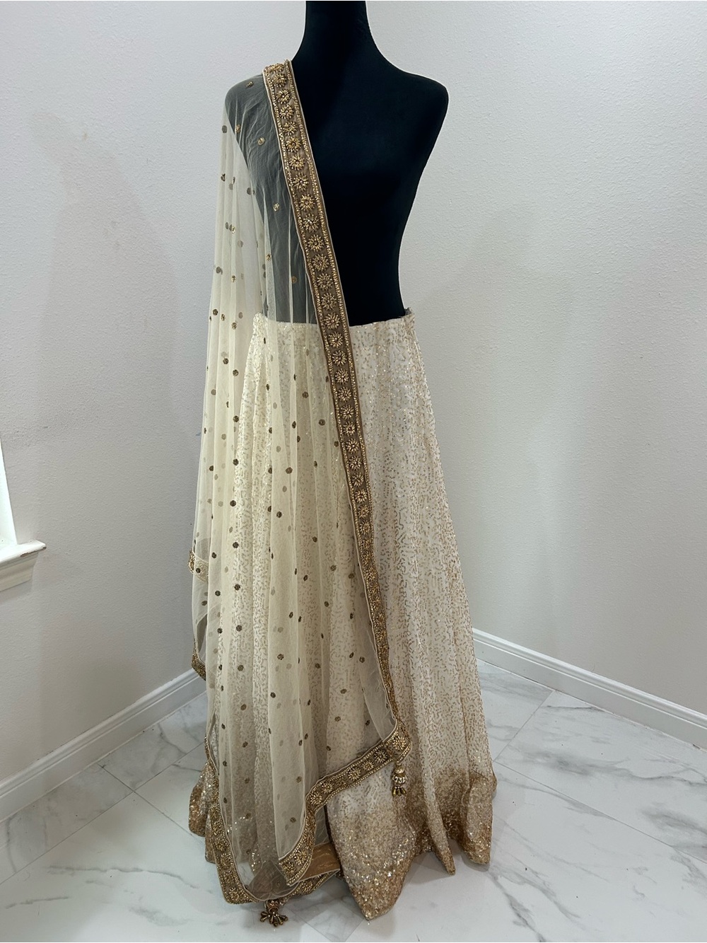 Dupatta and Lehenga Skirt Heavy Gold Sequin Embellishments Zari Scarf Shawl